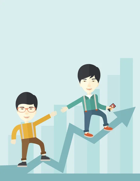 Two chinese guy walking in arrow going up. Vector Graphics