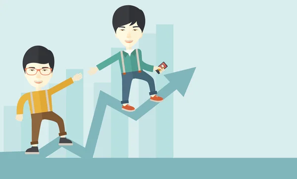 Two chinese guy walking in arrow going up. Stock Vector