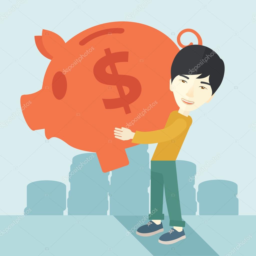 Chinese businessman carries a big piggy bank for saving money.