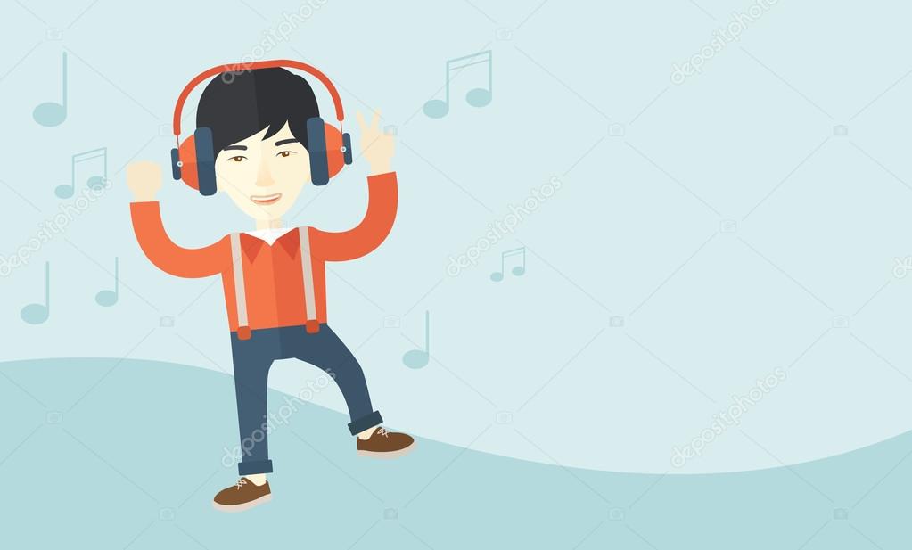 Gelukkig jonge man dansen terwijl u luistert naar muziek — Stockvector © rastudio #78909488