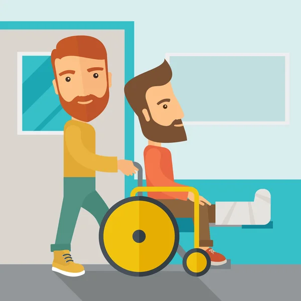 Homem empurrando a cadeira de rodas com paciente perna quebrada . — Vetor de Stock