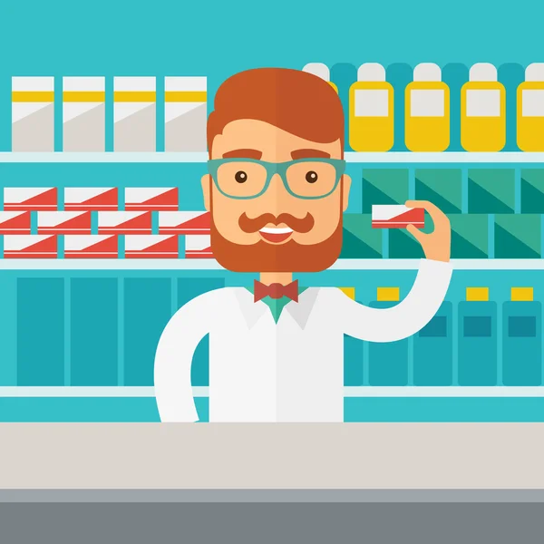 Young  pharmacy chemist man standing in drugstore. — Stok Vektör