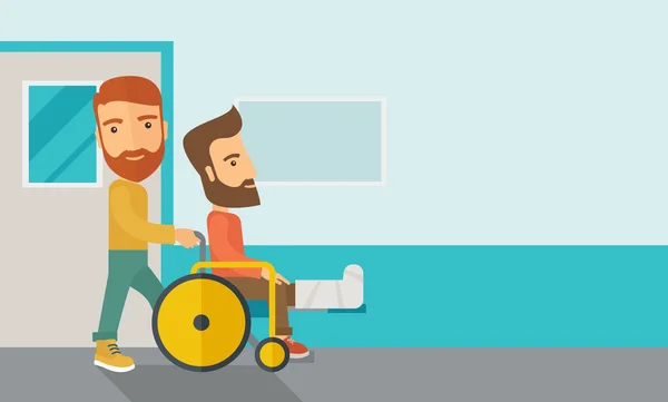 Uomo spingendo la sedia a rotelle con paziente gamba rotta . — Vettoriale Stock