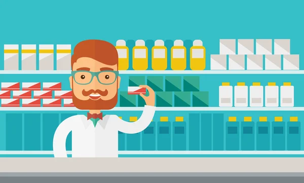 Young  pharmacy chemist man standing in drugstore. — Stock Vector