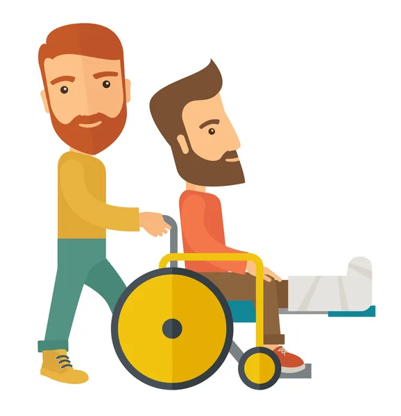 Homem empurrando a cadeira de rodas com paciente perna quebrada . —  Vetores de Stock