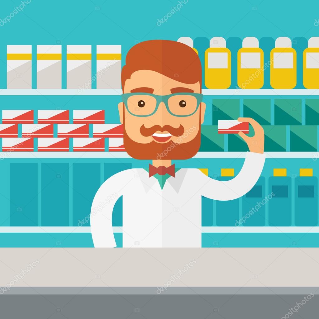 Young  pharmacy chemist man standing in drugstore. 