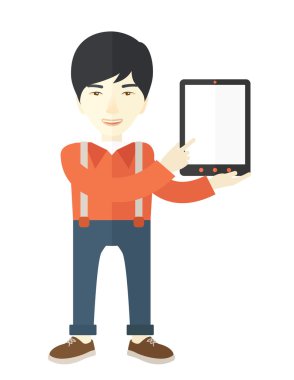 Asyalı adam dijital tablet tutan. 