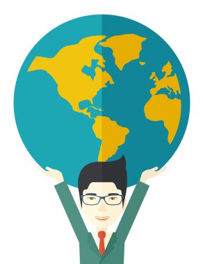 Chinese Businessman carrying big globe.