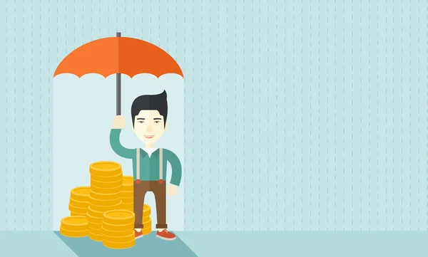 Homme d'affaires chinois avec parapluie pour protéger son investissement . — Image vectorielle