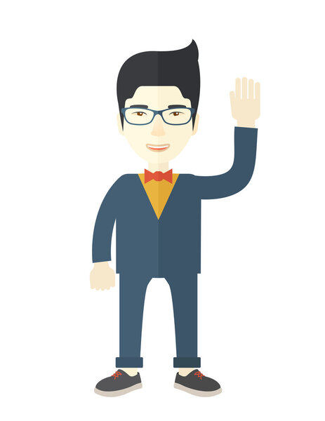 Failure chinese businessman standing waving his hand.