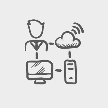 Male office worker with computer set and wifi sketch icon
