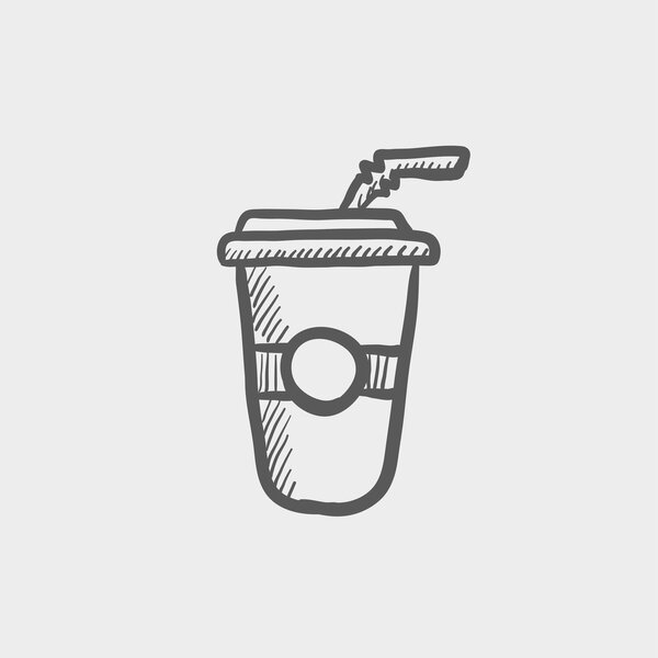 Soda in plastic cup with straw sketch icon