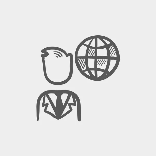 Hombre de negocios con icono de boceto global — Vector de stock