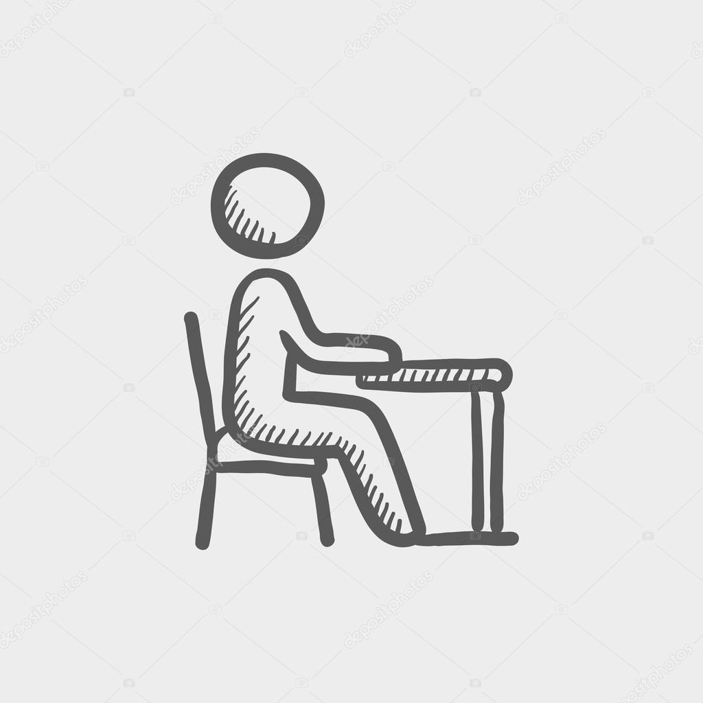 Student sitting on a chair in front of his table sketch icon