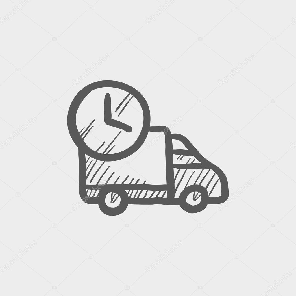 On time delivery van sketch icon for web and mobile. Hand drawn vector dark grey icon on light grey background