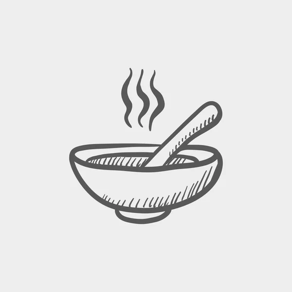 Miskę gorącej zupy z łyżką szkic ikona — Wektor stockowy