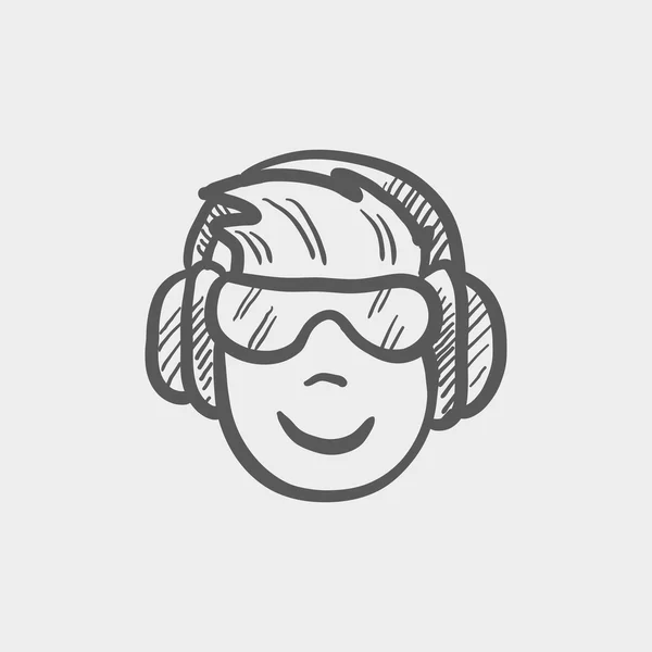 Cabeza con auriculares y gafas icono de boceto — Vector de stock