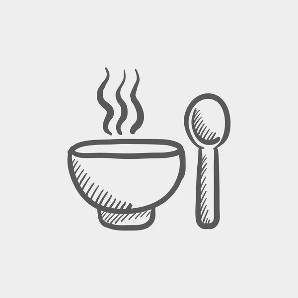 Bowl of hot soup with spoon sketch icon — Stock Vector