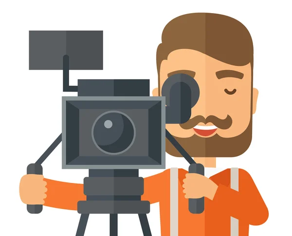 Videógrafo e sua câmera de vídeo com tripé . — Vetor de Stock