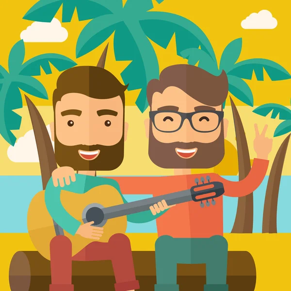 Two men playing a guitar at the beach — Stock vektor