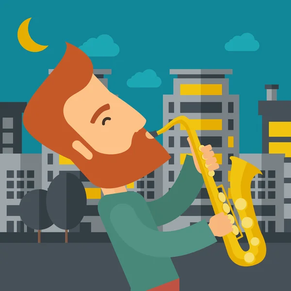 Saxophonist playing in the streets at night — Stock vektor