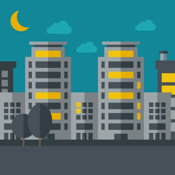 Paisaje nocturno de construir ciudad con luna — Vector de stock