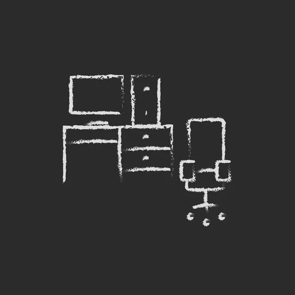 Computer set with table and chair icon drawn in chalk. — Stok Vektör