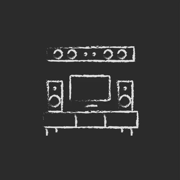 Телевизор с плоским экраном и значок домашнего кинотеатра, нарисованный в чалме . — стоковый вектор