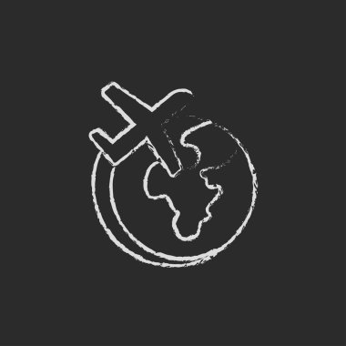Airplane flying around the world icon drawn in chalk. vector