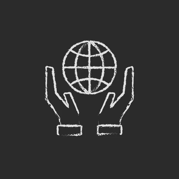 Dua tangan memegang ikon globe digambar dalam kapur  . Stok Ilustrasi Bebas Royalti
