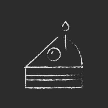 Slice of cake with candle icon drawn in chalk. clipart
