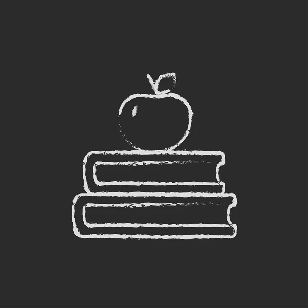 Libros y manzana en el icono superior dibujado en tiza . — Vector de stock