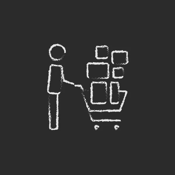 Hombre empujando icono del carrito de compras dibujado en tiza . — Vector de stock