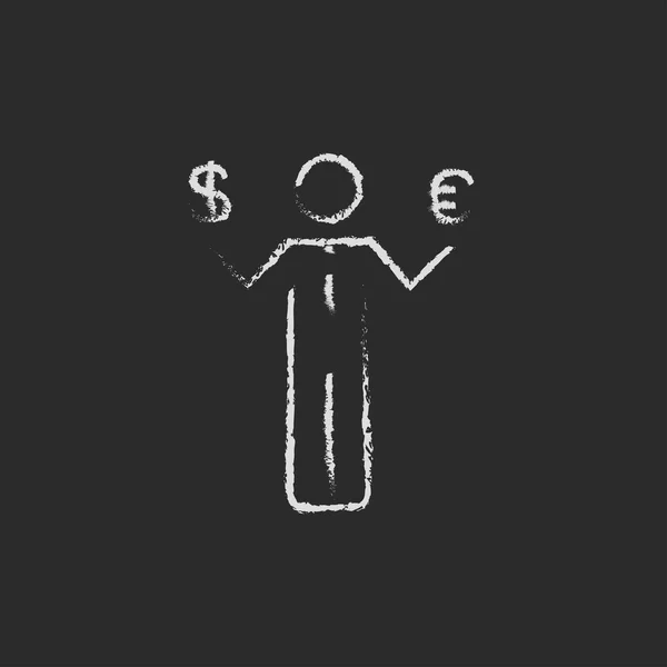 Businessman holding Euro and US dollar icon drawn in chalk. — стоковий вектор