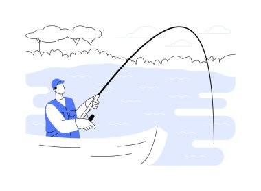 Tatlı su balıkçılığı karikatür vektör çizimleri. Genç adam tek başına balık tutuyor, teknede oturuyor, bir olta atıyor, güzel bir nehir, insanların yaşam tarzı, balıkçılık süreci vektör karikatürü..