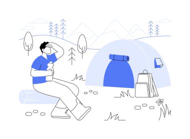 Kamp alanı karikatür vektör çizimlerini izole etti. Genç adam dağlarda çadır kuruyor, insan yaşam tarzı, dağcılık ve kamp hobisi, güzel manzara vektör karikatürü..