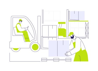 Dağıtım merkezi soyut konsept vektör çizimi. Depo, dış ticaret, ihracat, ambalaj ve sevkiyat işlemlerinde çalışan çeşitli insanlar soyut metafor.