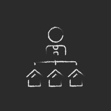 Real estate agent with three houses icon drawn in chalk.