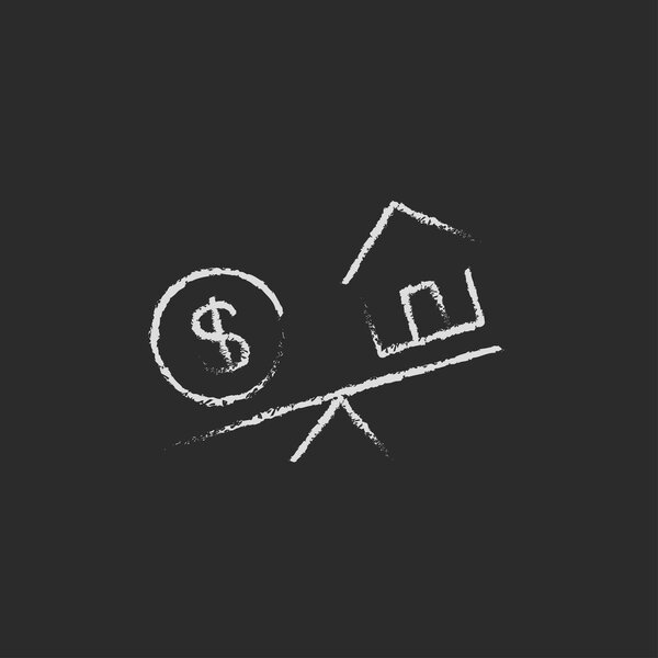 House and dollar symbol on scales icon drawn in chalk.