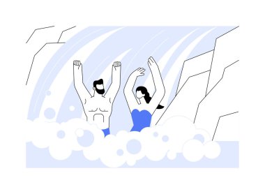 Doğa zamanı karikatür vektör çizimleri. Mutlu çocuk ve kız şelalenin yanında gülümser ve yüzer, insanlar yaşam tarzı, yaz tatili, birlikte seyahat, aktif seyahat vektör karikatürü.