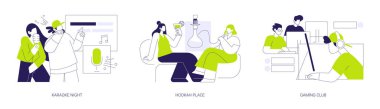 Akşam eğlencesi karikatür vektör çizimleri ayarlandı. Karaoke gecesi, nargile mekanında Shisha tüttürme, bir sürü bilgisayarı olan oyun kulübü, arkadaşlarla zaman geçirme vektör karikatürü..