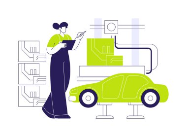 3D baskılı otomotiv parçaları karikatür vektör çizimleri. Otomotiv parçası taşıyan profesyonel mühendis, 3D baskı endüstrisi, yenilikçi teknoloji, araba üretim vektörü karikatürü.