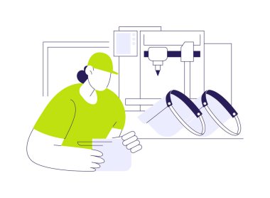 3D baskılı yüz kalkanları izole edilmiş vektör çizimleri. Mühendis 3D yazıcı, sağlık teknolojisi, virüsten korunma, pandemik önleme vektör karikatürü kullanarak yüz kalkanı yarattı..