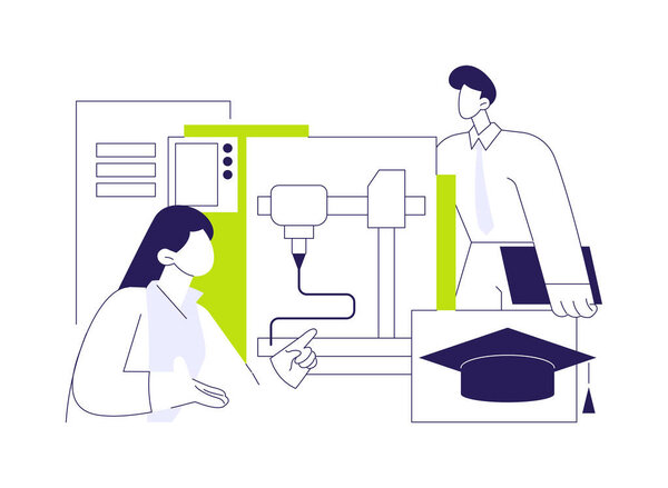 3D печать в образовании изолированные векторные иллюстрации мультфильмов. Группа студентов с трехмерной моделью, IT-технологиями, технологическими классами, современным векторным мультипликатором учебного процесса.