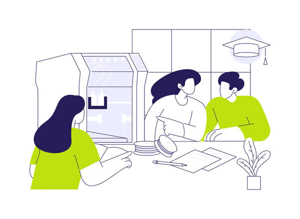 3D печать в образовании абстрактная концептуальная векторная иллюстрация. Группа студентов изучает 3D-модели, IT-технологии, технологические классы, современную абстрактную метафору образовательного процесса.