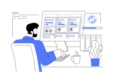 Proje durumu izole edilmiş çizgi film vektör çizimlerini günceller. Man, bir işbirliği uygulaması, modern iş teknolojisi, şirket takım çalışması vektör karikatürü kullanarak projenin durumunu izliyor.