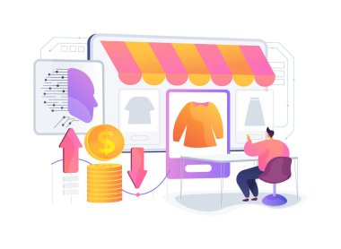 AI-Asistanlı Dinamik Fiyatlandırma Stratejileri soyut konsept vektör çizimi. Moda ve Perakende. AI güdümlü dinamik fiyatlandırma stratejileri verimliliği ve içgörüyü artırır. soyut metafor.
