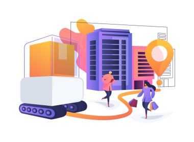 Paket Taşıma Robotları soyut konsept vektör çizimi. Kaldırımlar, robot taşıma paketlerini kapı eşiğine taşır, yayaları kendi başına yönetir. soyut metafor.