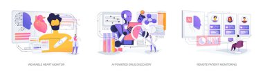 AI ve IoT in Health Monitoring soyut konsept vektör illüstrasyon seti. Giysiler kalp sağlığını takip ediyor, yapay zeka ilaçları keşfediyor ve gerçek zamanlı hastanelerdeki hastaları izliyor. soyut metafor.