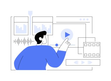 Görsel ve işitsel efektler karikatür vektör çizimlerini izole etti. Profesyonel bilişim uzmanı yeni oyuna görsel efektler ekliyor, modern dijital teknoloji, oyun endüstrisi çalışanları vektör karikatürü.